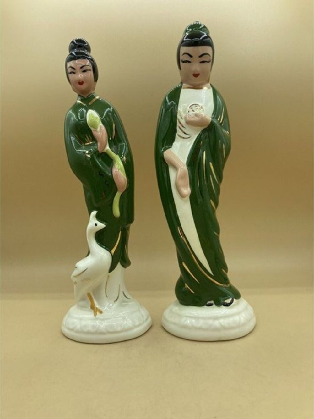 Artmark Geisha Japanese Figurines 13” MCM Home Decor Ceramic Green W Crane